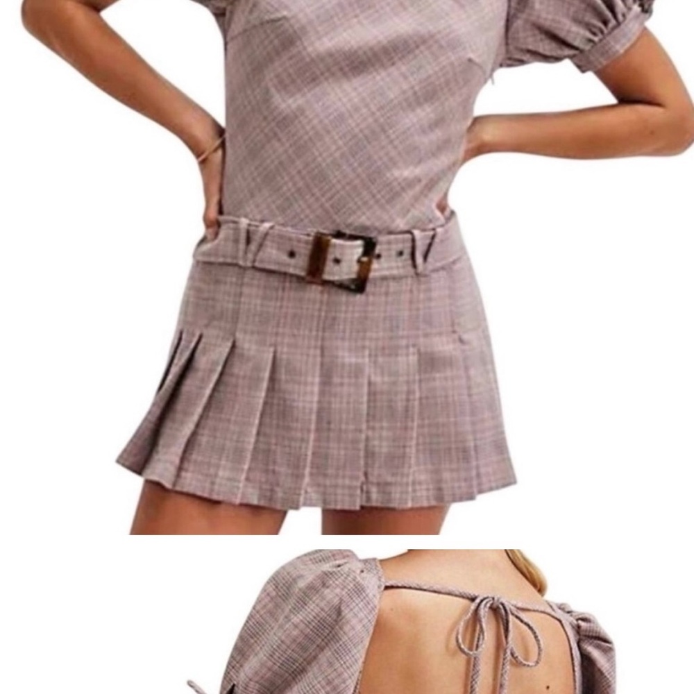 Plaid Puff Sleeve Dress with Belt